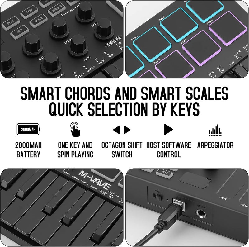 M-VAVE 25 مفتاح وحدة تحكم لوحة مفاتيح MIDI USB مع 8 وسادات درام مضاءة ، بلوتوث ، لوحة مفاتيح ديناميكية شبه مثقلة احترافية ، 8 مقبض وموسيقى إنتاج ، برنامج متضمن (أسود) - Image 5